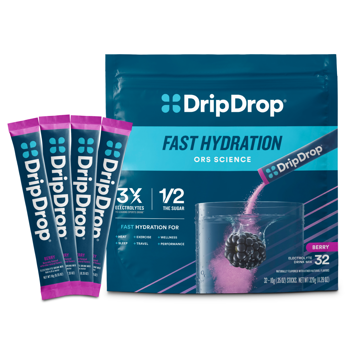 DripDrop Berry Electrolyte Powder, 8 oz sticks, 32 count