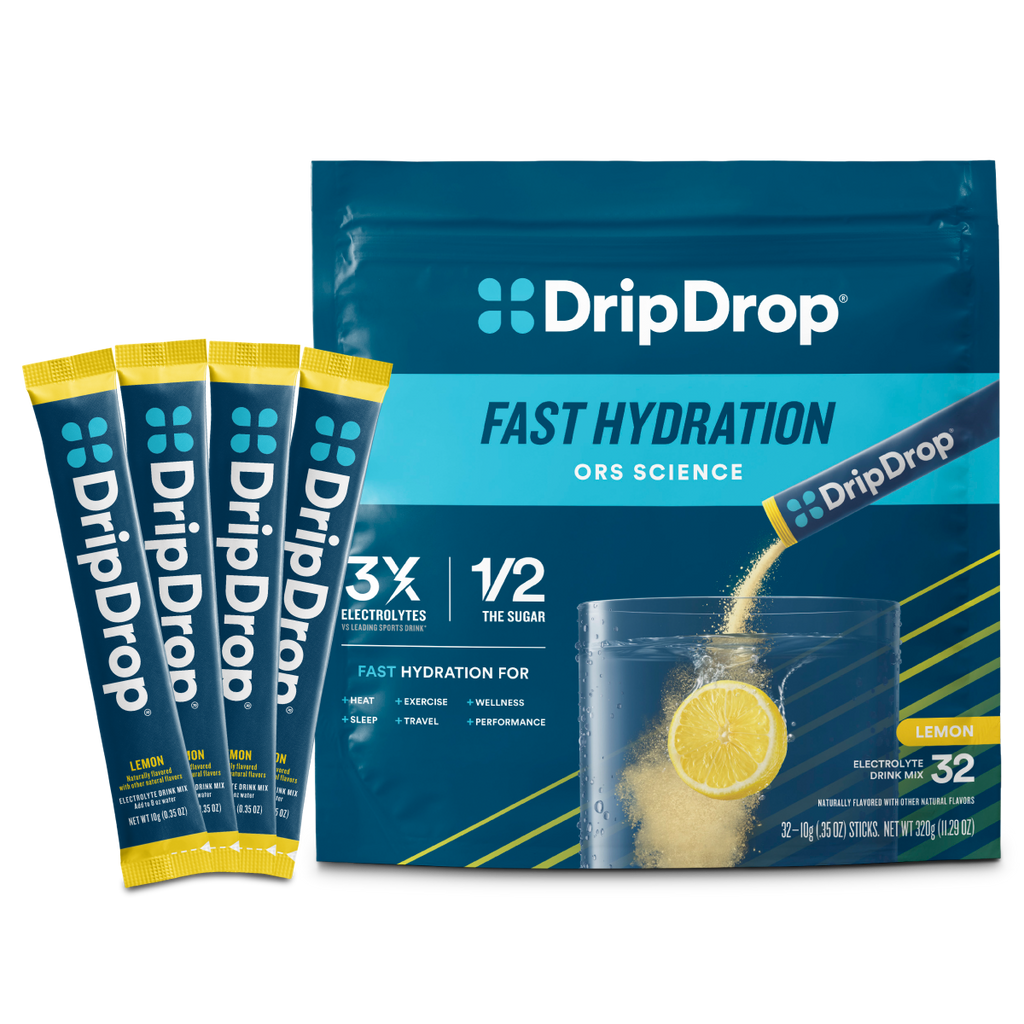 DripDrop Lemon Electrolyte Powder, 8 oz sticks, 32 count