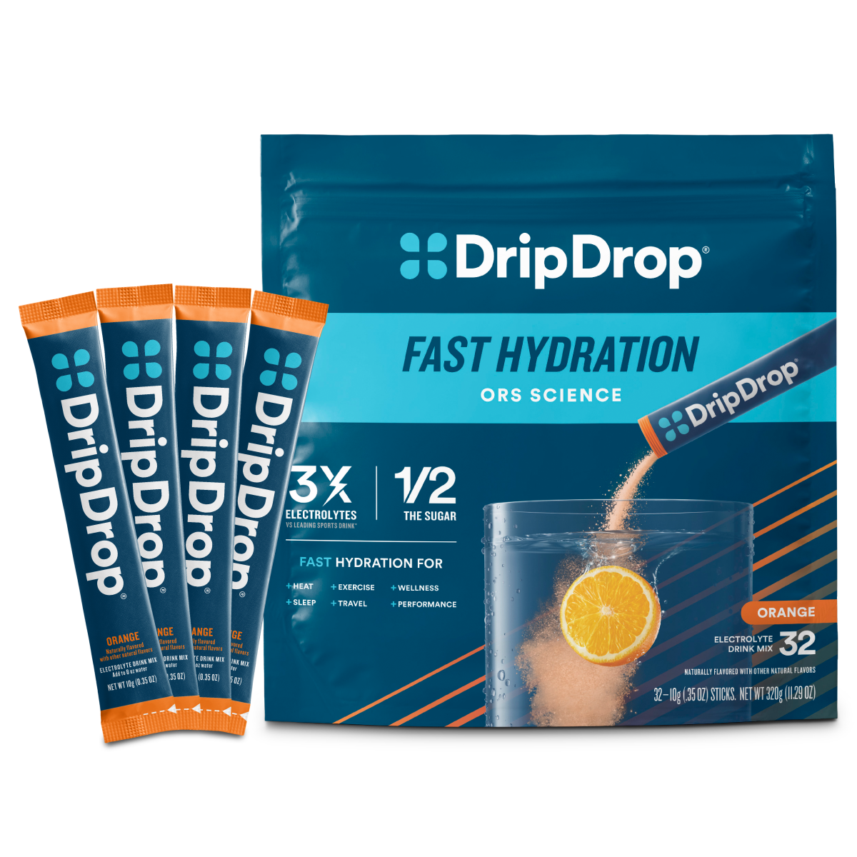 DripDrop Orange Electrolyte Powder, 8 oz sticks, 32 count