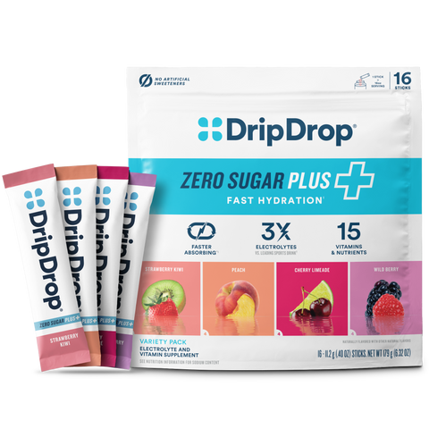 DripDrop Zero Sugar Plus, Strawberry Kiwi, Peach, Cherry Limeade, Wild Berry, 16 oz sticks, 16 count