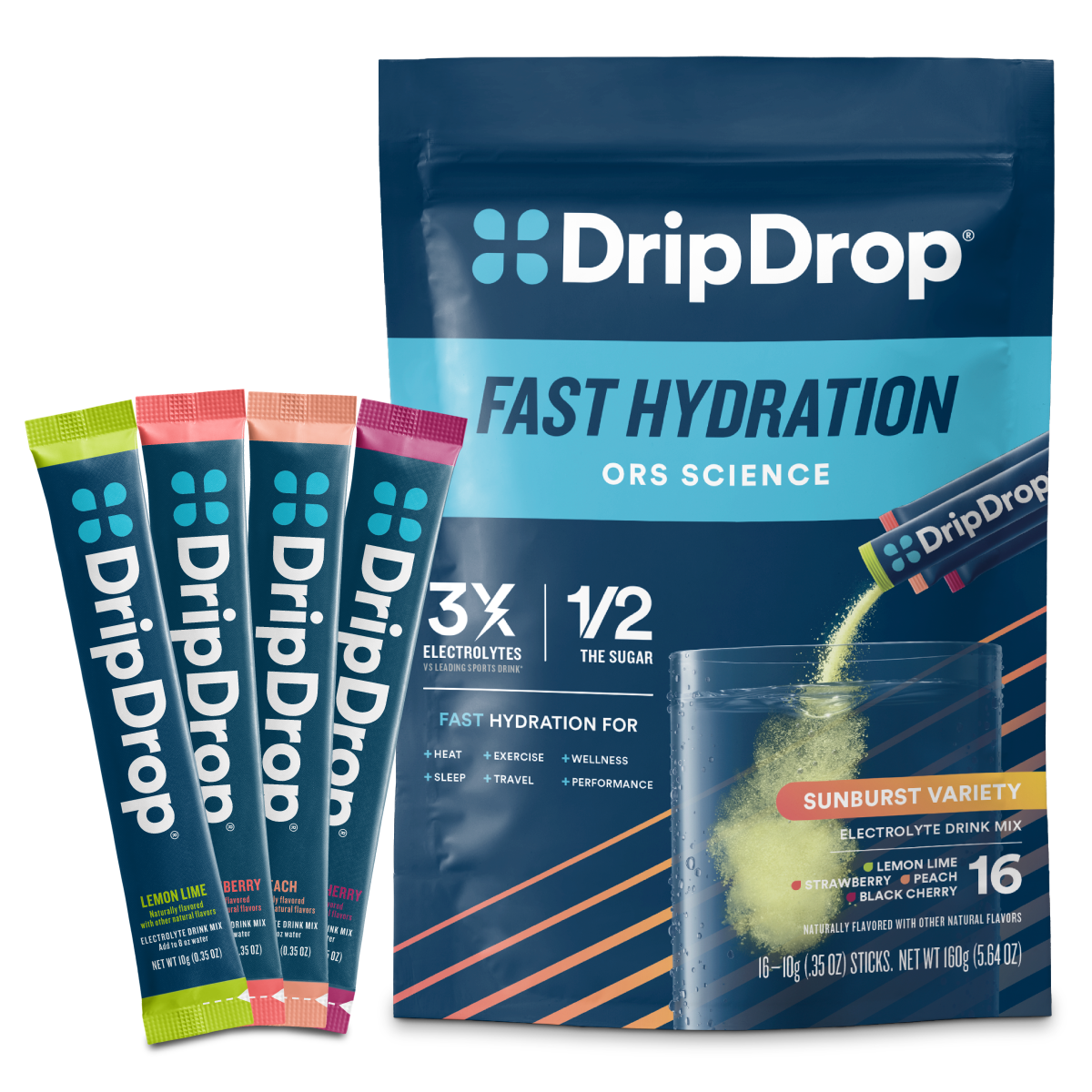 DripDrop Sunburst Variety Pack Electrolyte Powder, 8 oz sticks, 16 count