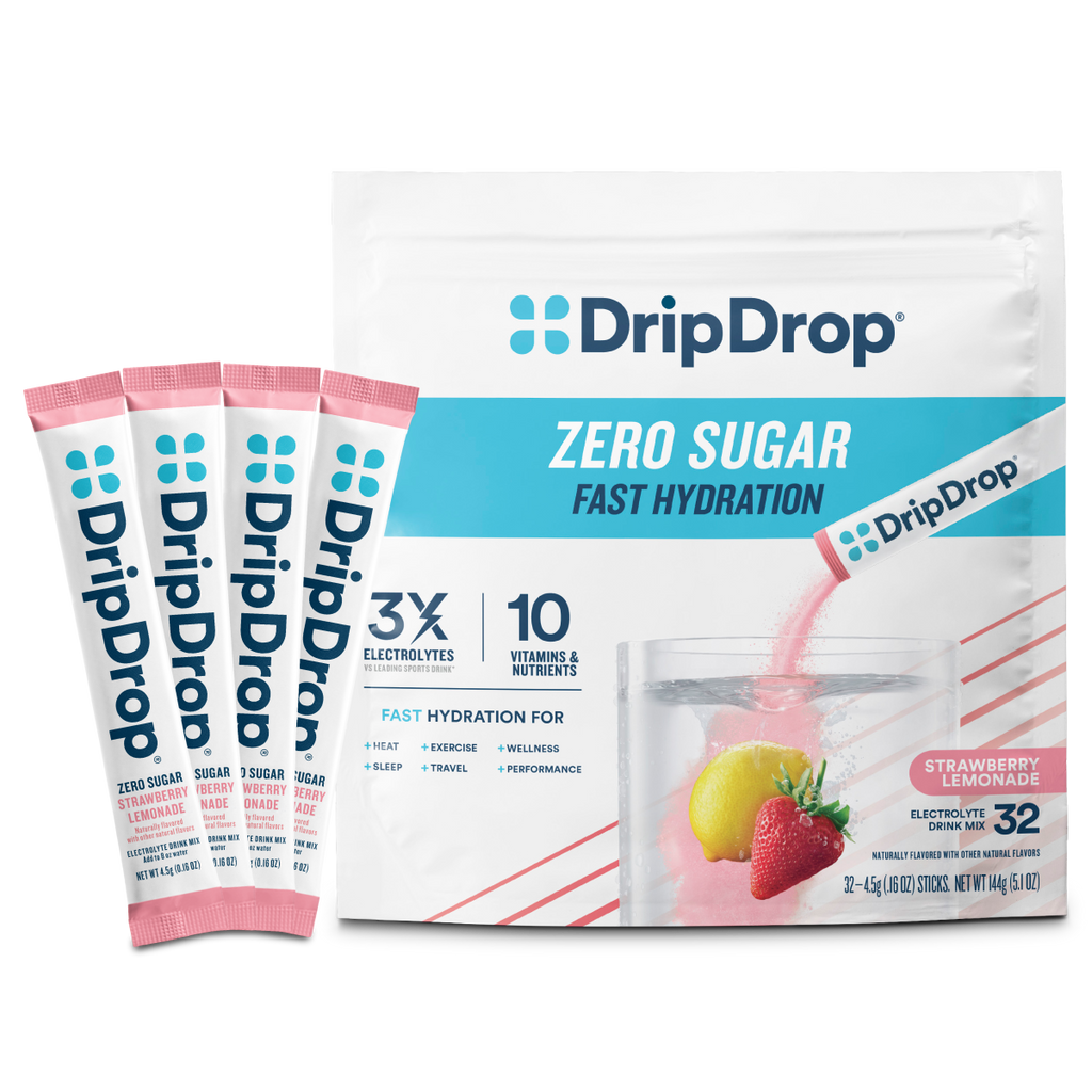DripDrop Zero Sugar Strawberry Lemonade Electrolyte Powder, 8 oz sticks, 32 count
