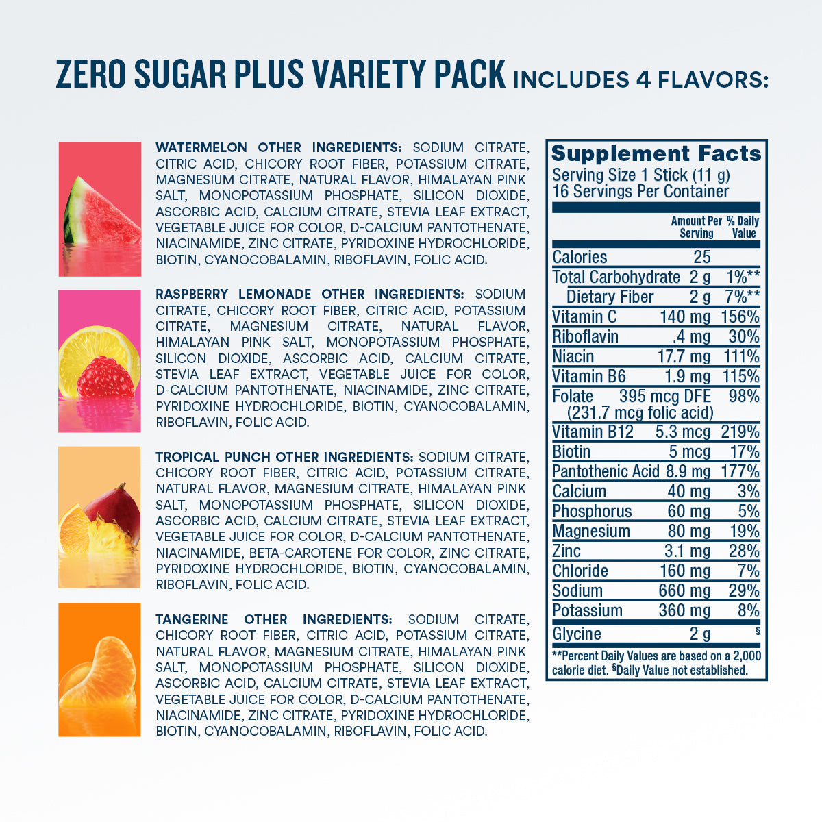 DripDrop Zero Sugar Plus, Watermelon, Tangerine, Tropical Punch, Raspberry Lemonade, 16 oz sticks, 16 count